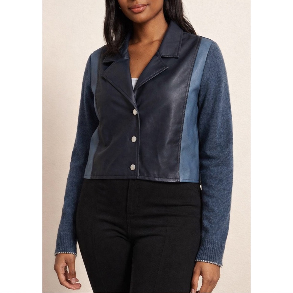 CENTRAL PARK WEST | Vegan Leather Mixed Media Jacket in Blue Motif, Size Large